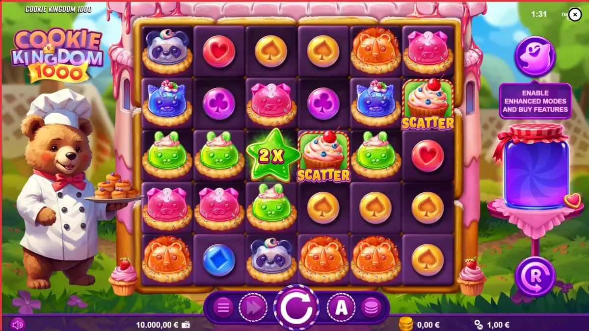 Tampilan visual permainan slot Cookie Kingdom 1000 dengan tema permen dan beruang koki.