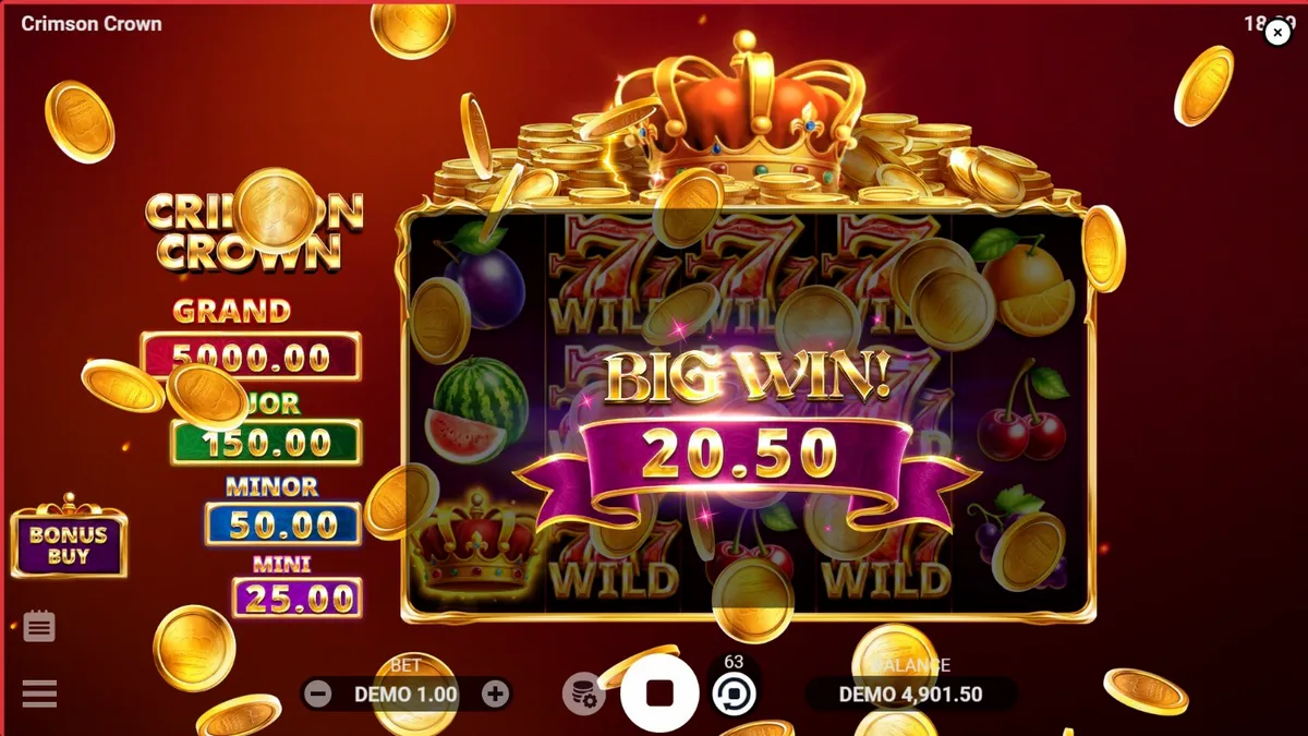 Tampilan visual slot Crimson Crown dengan tema buah klasik dan mahkota emas
